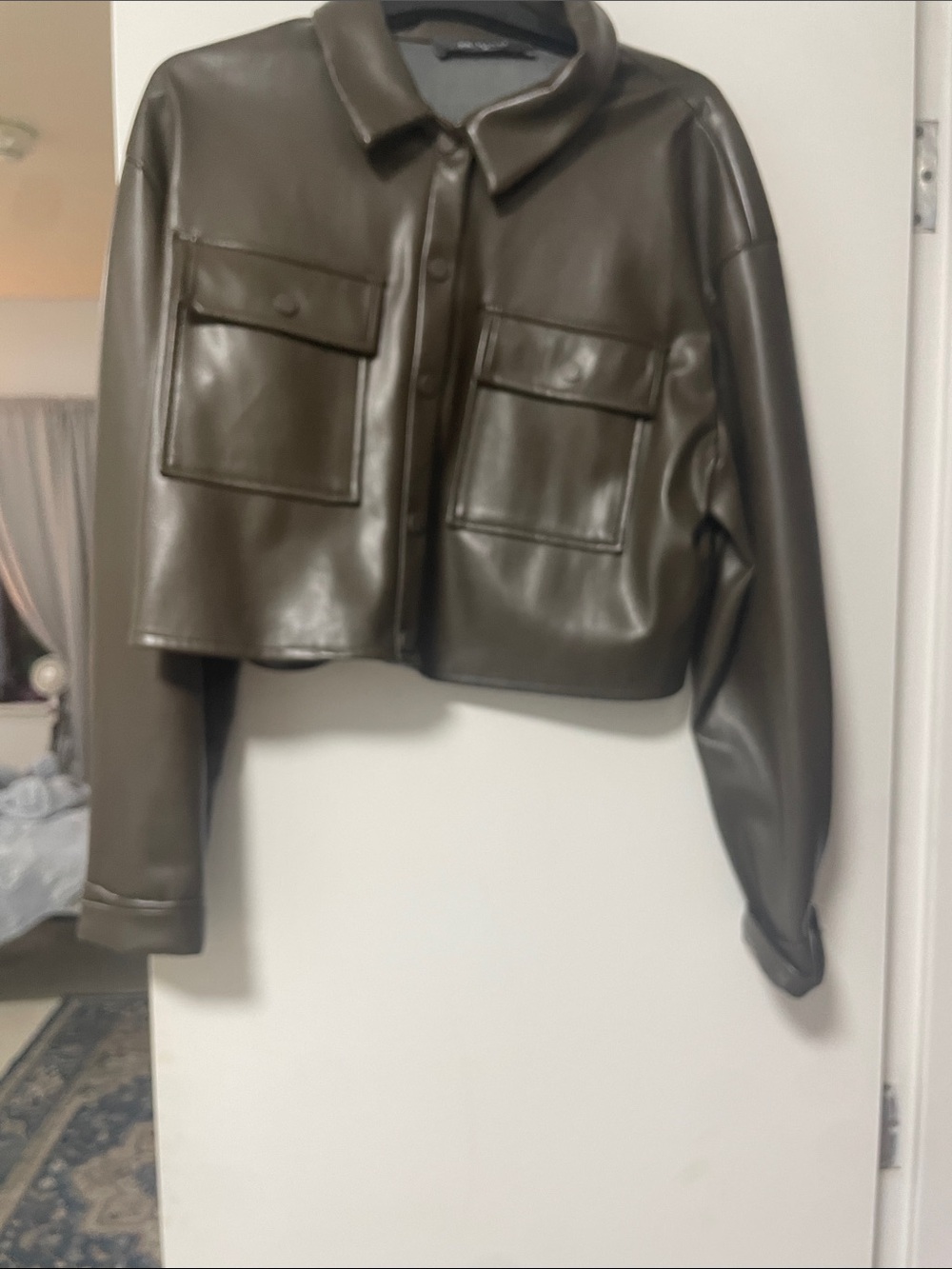 Primark Cropped Faux Leather Jacket in Olive
